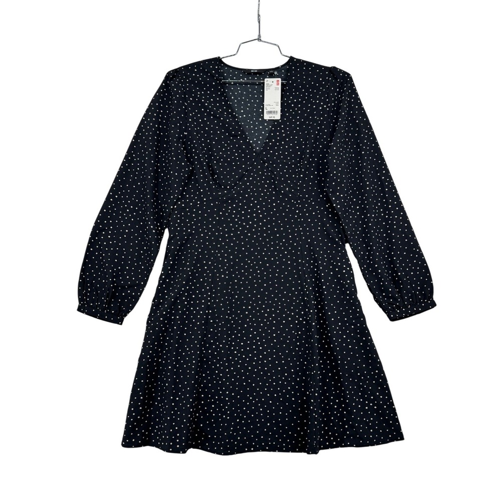 NWT Uniqlo Women Black Polka Dot Printed V Neck Long Sleeve Mini Dress Size L